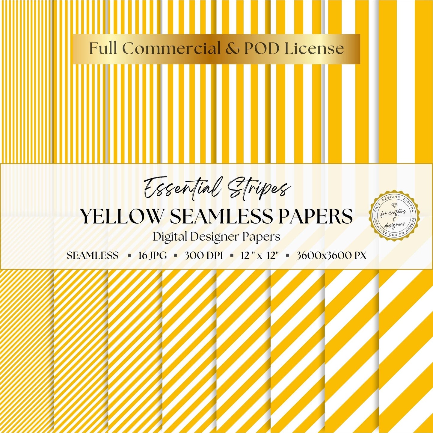 Yellow and white Essential Stripes digital paper pack with 16 seamless straight and diagonal stripe patterns in widths from fine pinstripes to broad bands.
