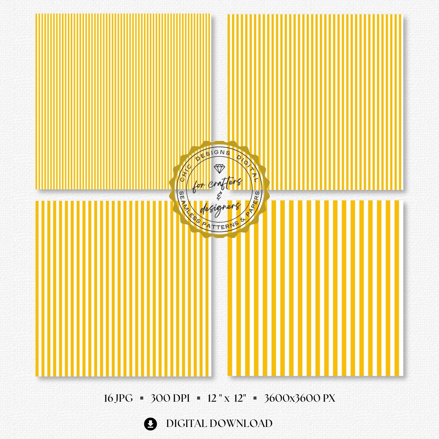 Golden yellow and white seamless stripe digital papers showing a coordinated mix of narrow, medium and wide straight stripe patterns for crafts and stationery.