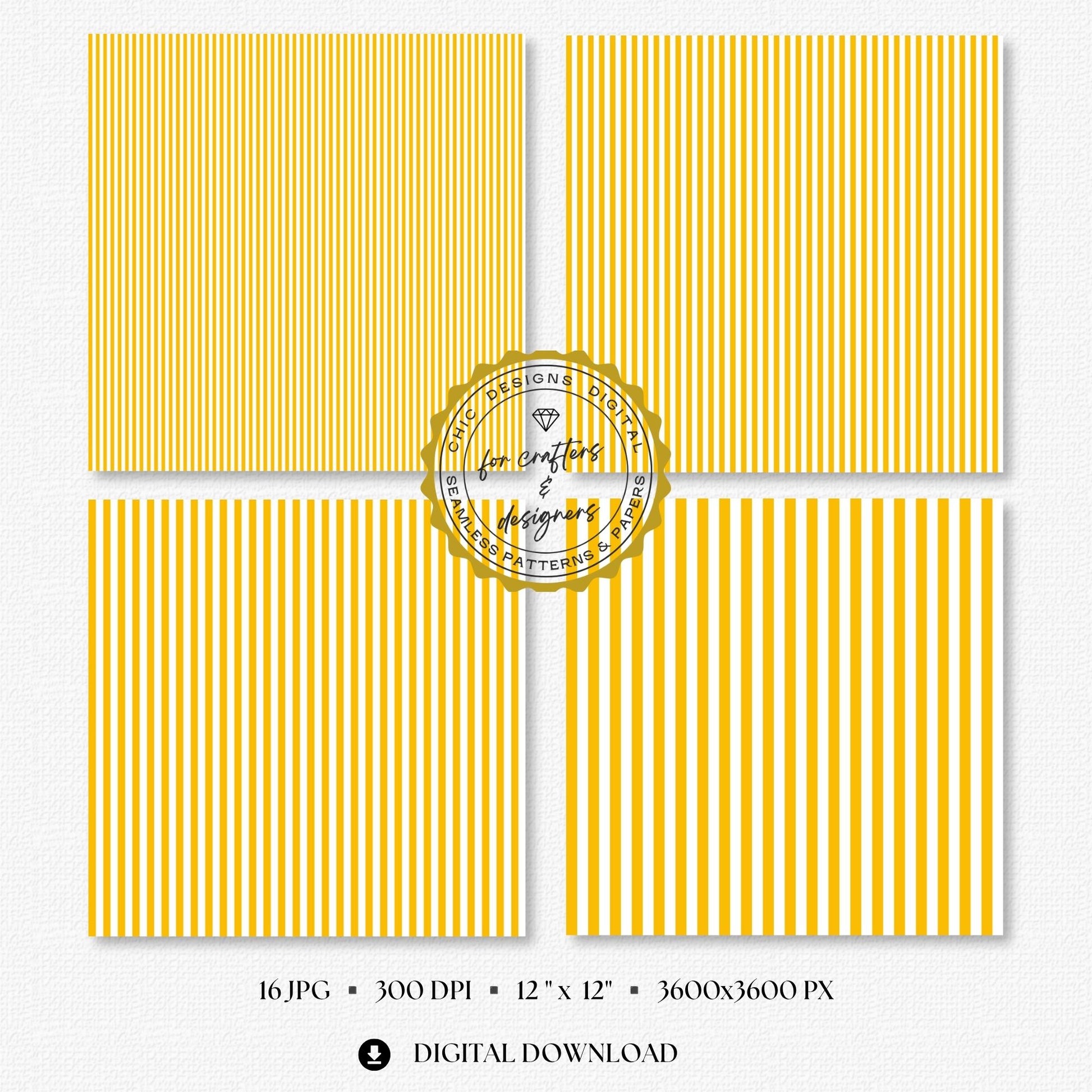 Golden yellow and white seamless stripe digital papers showing a coordinated mix of narrow, medium and wide straight stripe patterns for crafts and stationery.