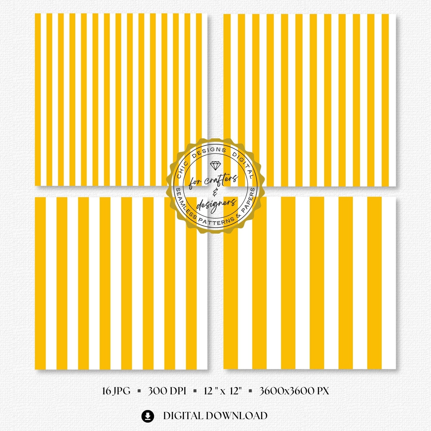 Golden yellow and white diagonal stripe digital papers in varied widths, part of the 16-pattern Essential Stripes seamless paper pack.
