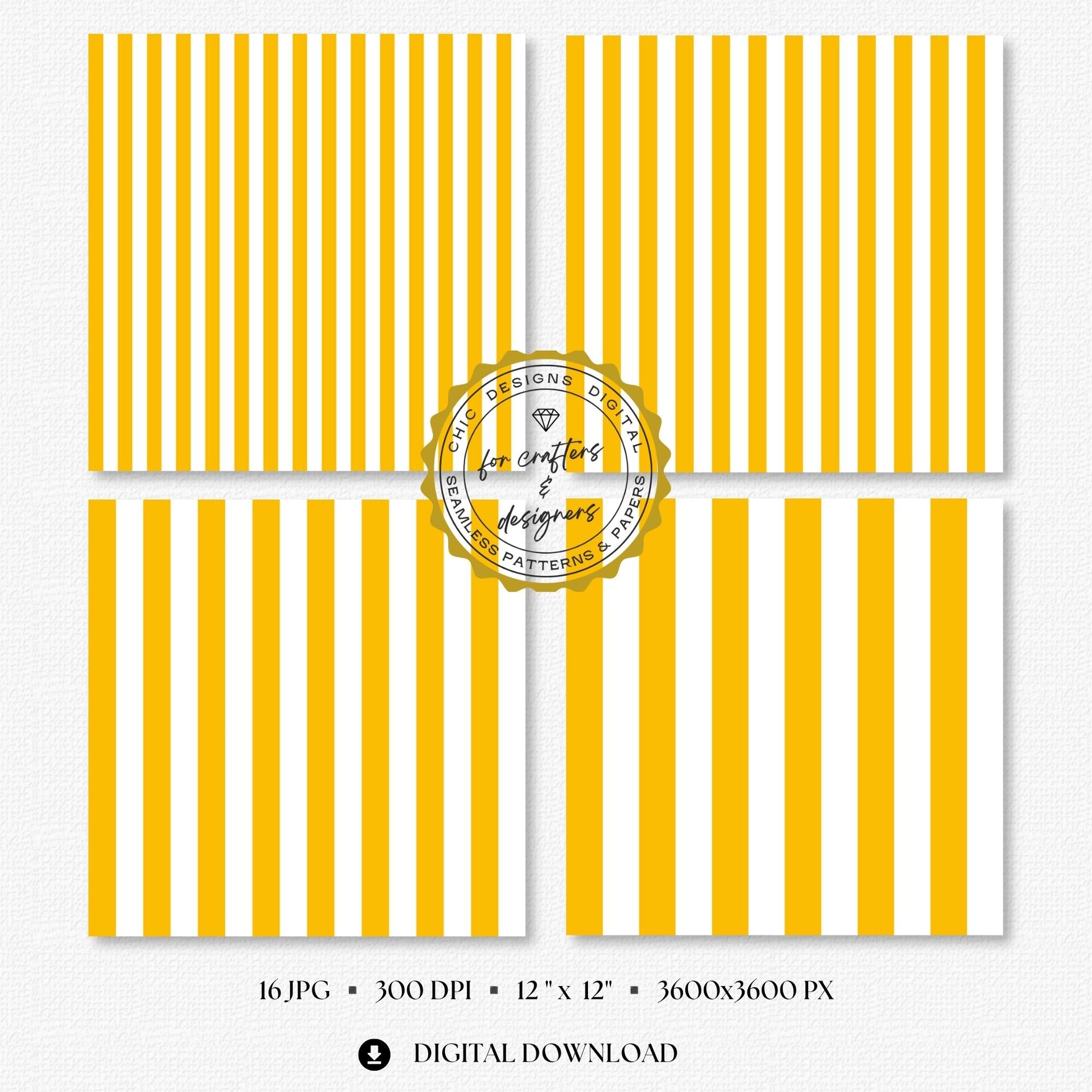 Golden yellow and white diagonal stripe digital papers in varied widths, part of the 16-pattern Essential Stripes seamless paper pack.