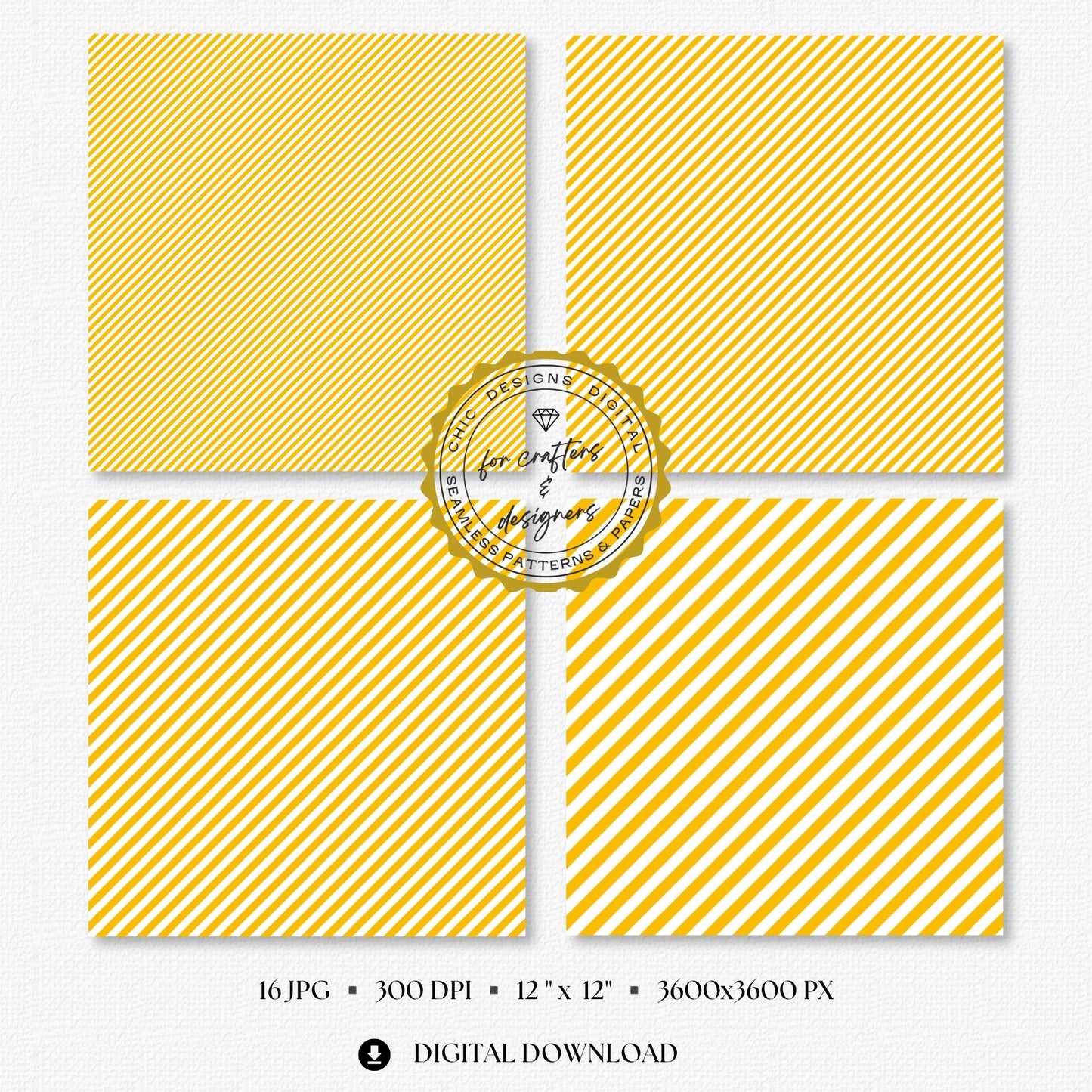 Selection of warm yellow and white seamless stripe backgrounds designed for scrapbooking, card making, planners, labels and printable paper crafts.