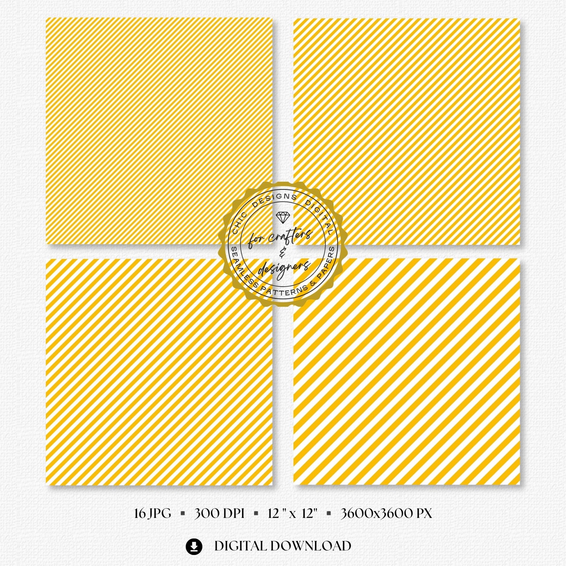 Selection of warm yellow and white seamless stripe backgrounds designed for scrapbooking, card making, planners, labels and printable paper crafts.