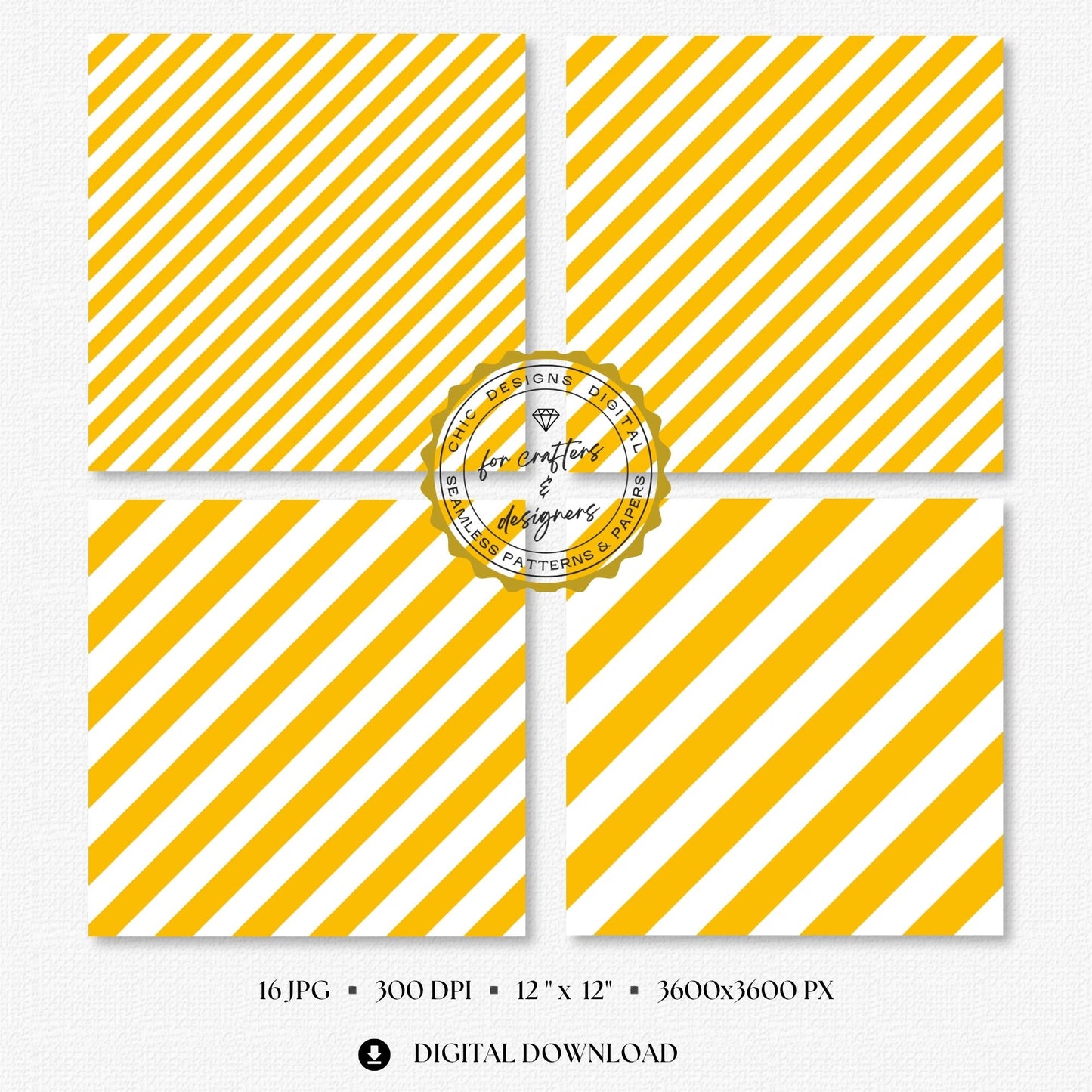 Fine to broad golden yellow stripe patterns with clean white spacing, supplied as seamless 12x12 inch JPG digital papers at 300 DPI.