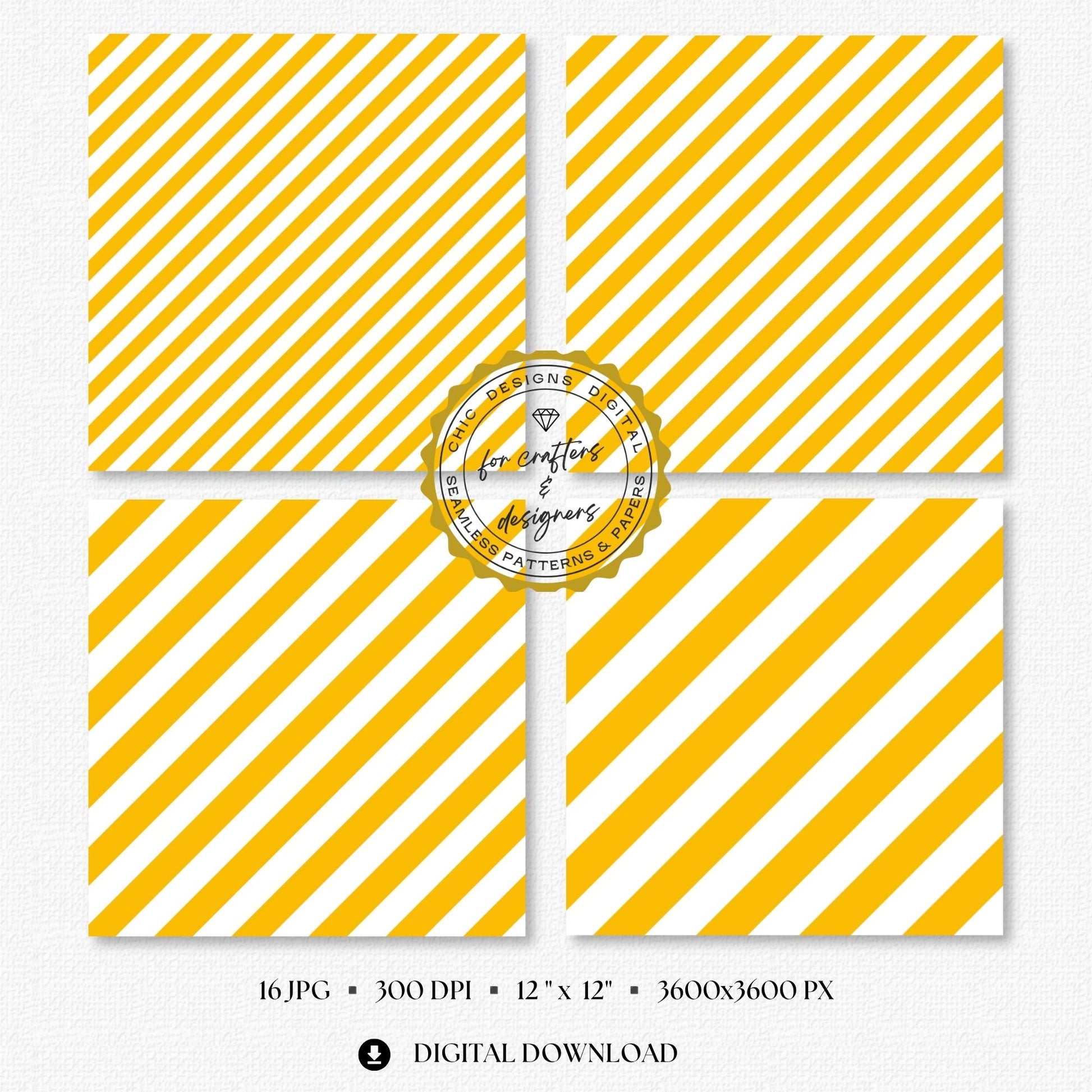 Fine to broad golden yellow stripe patterns with clean white spacing, supplied as seamless 12x12 inch JPG digital papers at 300 DPI.