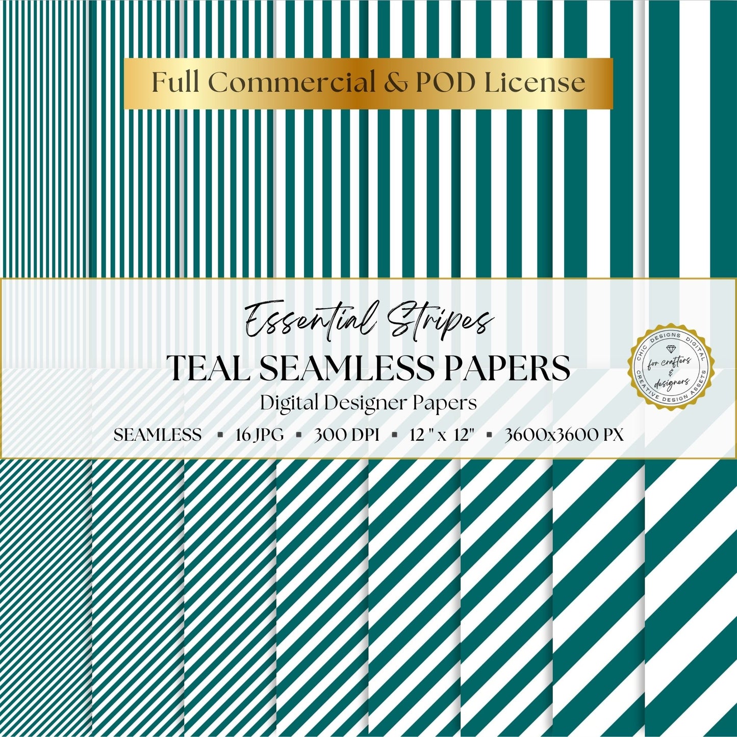 Teal and white Essential Stripes digital paper pack with 16 seamless straight and diagonal stripe patterns in widths from fine pinstripes to broad bands.