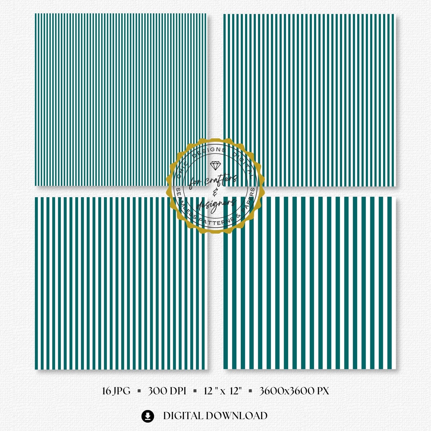 Rich teal and white seamless stripe digital papers showing a coordinated mix of narrow, medium and wide straight stripe patterns for stationery and layered crafts.