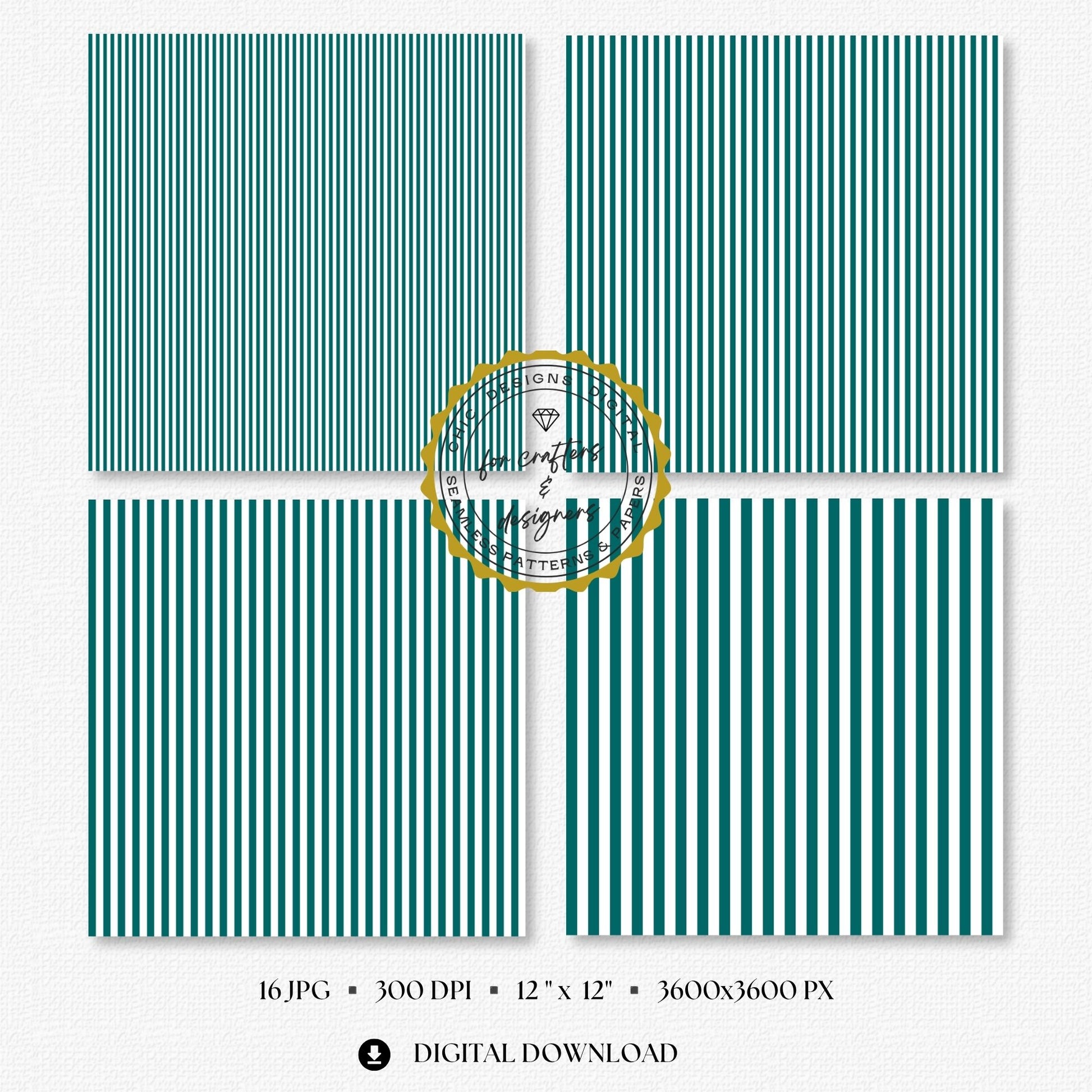 Rich teal and white seamless stripe digital papers showing a coordinated mix of narrow, medium and wide straight stripe patterns for stationery and layered crafts.