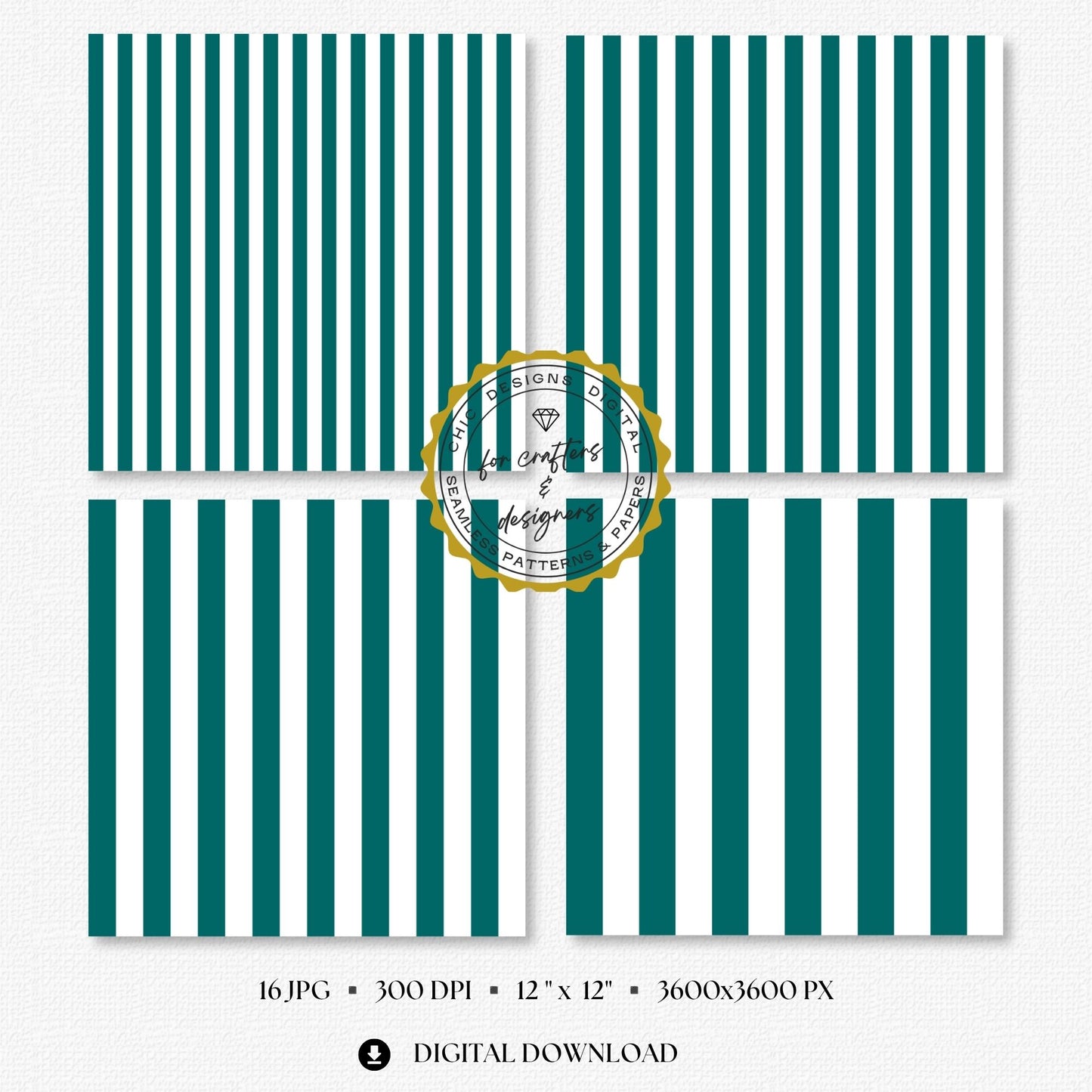 Teal and white diagonal stripe digital papers in varied widths, part of the 16-pattern Essential Stripes seamless paper pack.