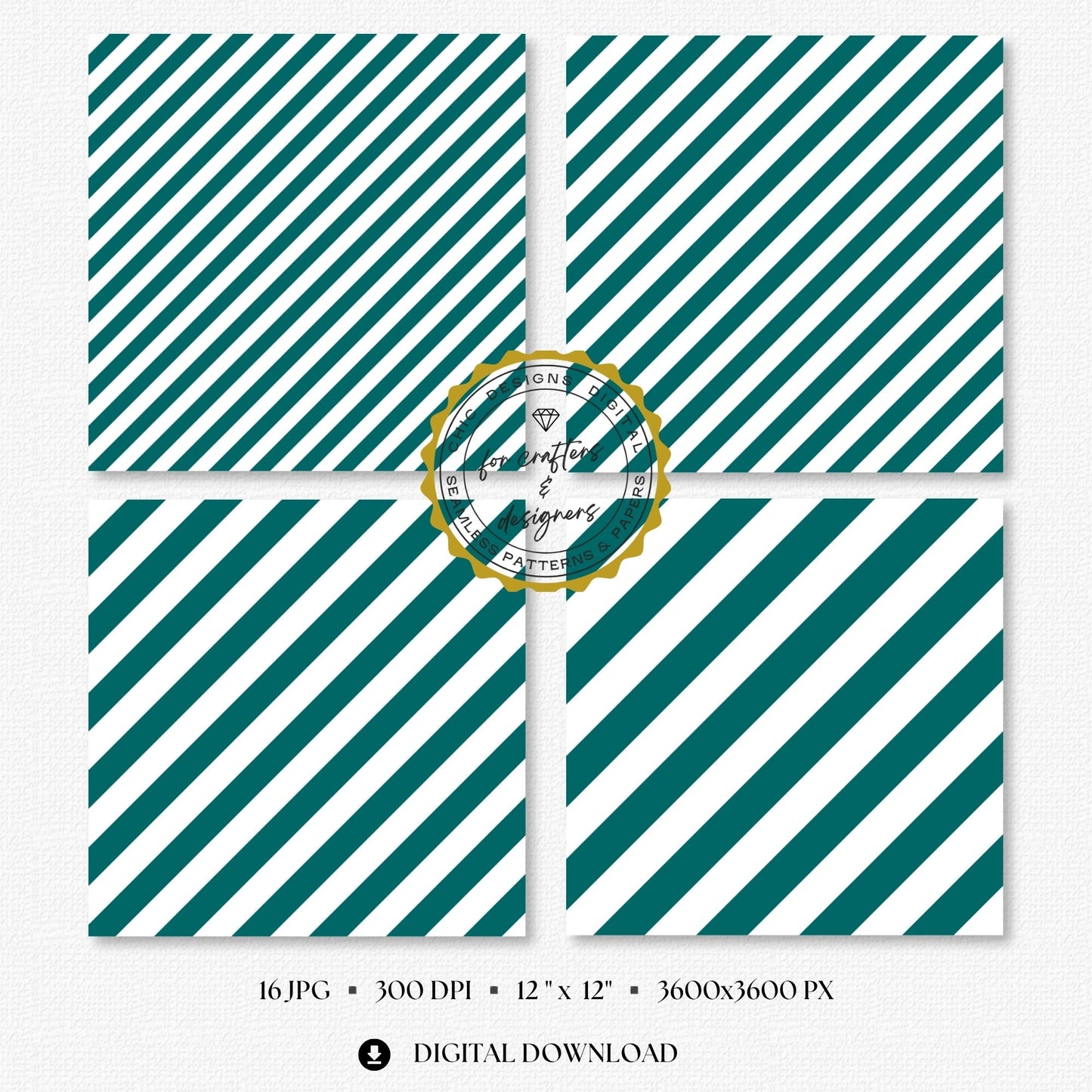 Fine to broad teal stripe patterns with clean white spacing, supplied as seamless 12x12 inch JPG digital papers at 300 DPI.