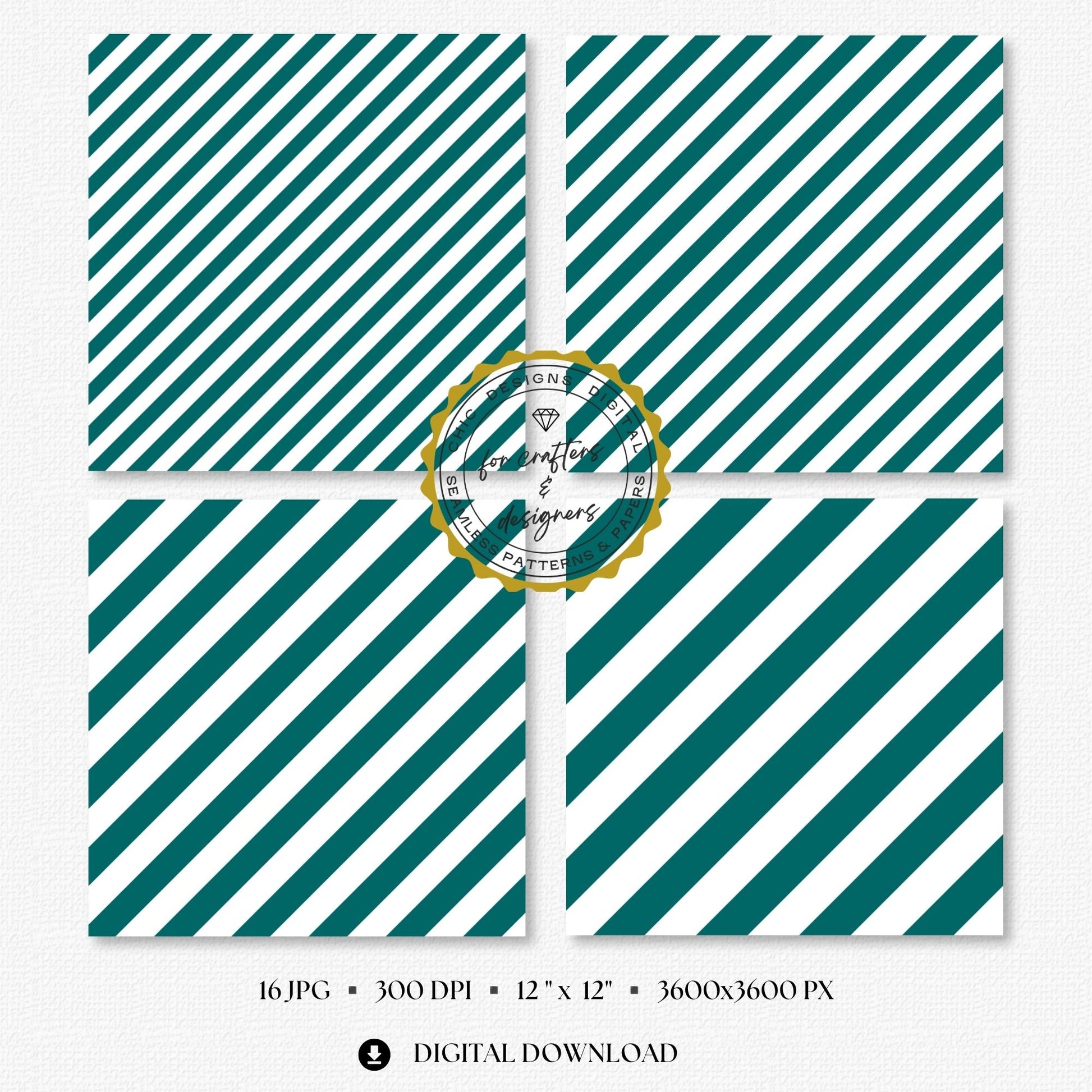 Fine to broad teal stripe patterns with clean white spacing, supplied as seamless 12x12 inch JPG digital papers at 300 DPI.