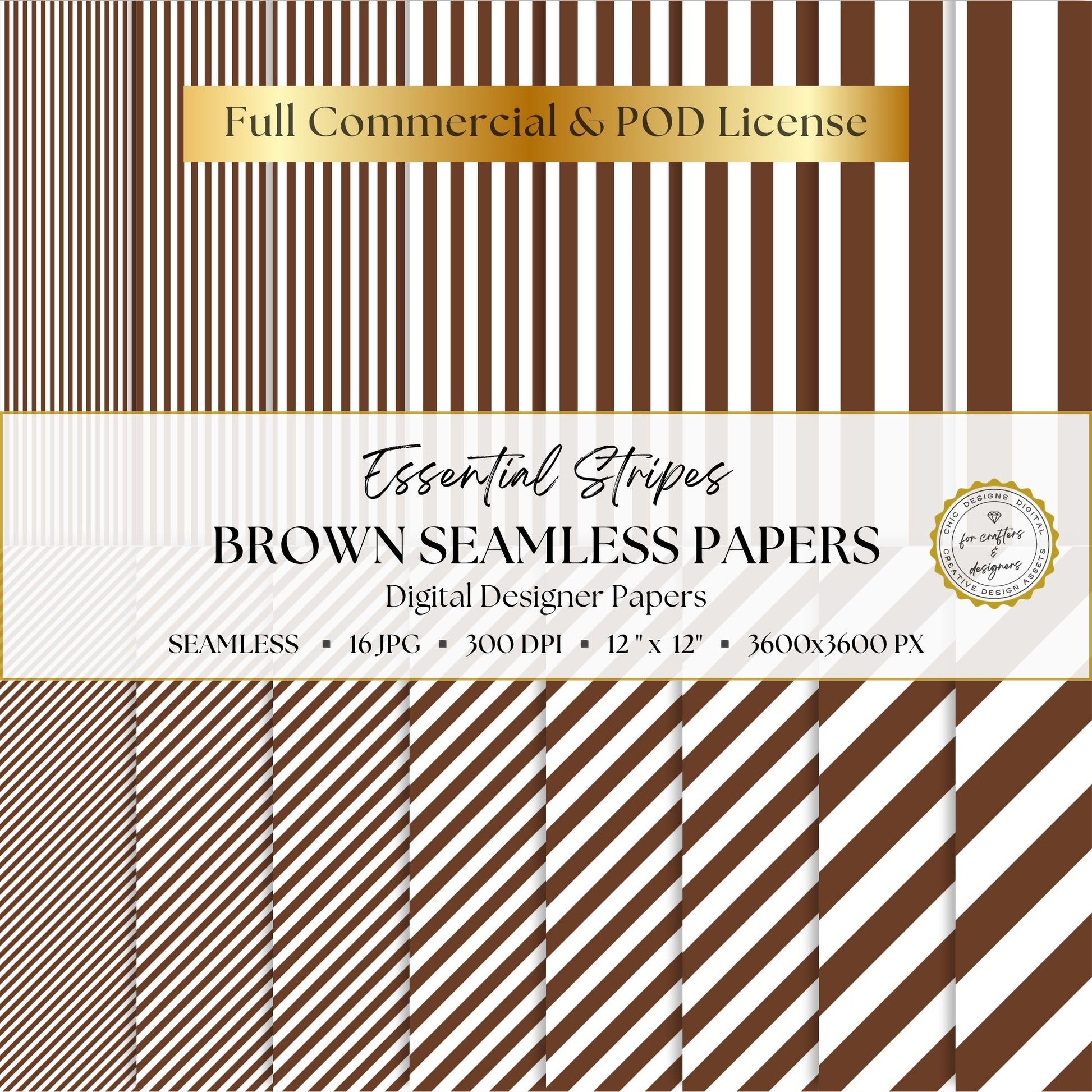 Brown and white Essential Stripes digital paper pack with 16 seamless straight and diagonal stripe patterns in widths from fine pinstripes to broad bands.