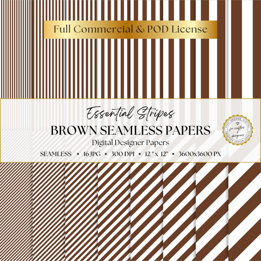 Brown and white Essential Stripes digital paper pack with 16 seamless straight and diagonal stripe patterns in widths from fine pinstripes to broad bands.
