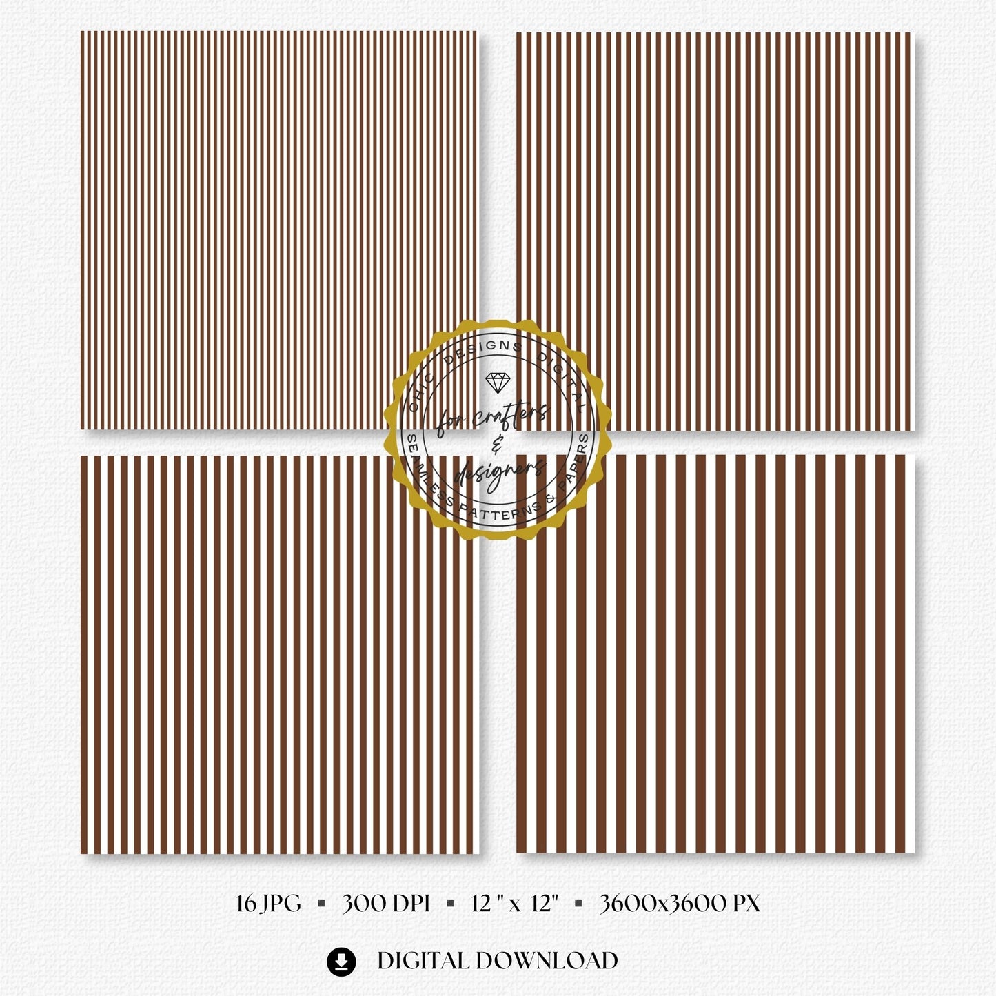 Warm brown and white seamless stripe digital papers showing a coordinated mix of narrow, medium and wide straight stripe patterns for rustic stationery and autumn crafts.