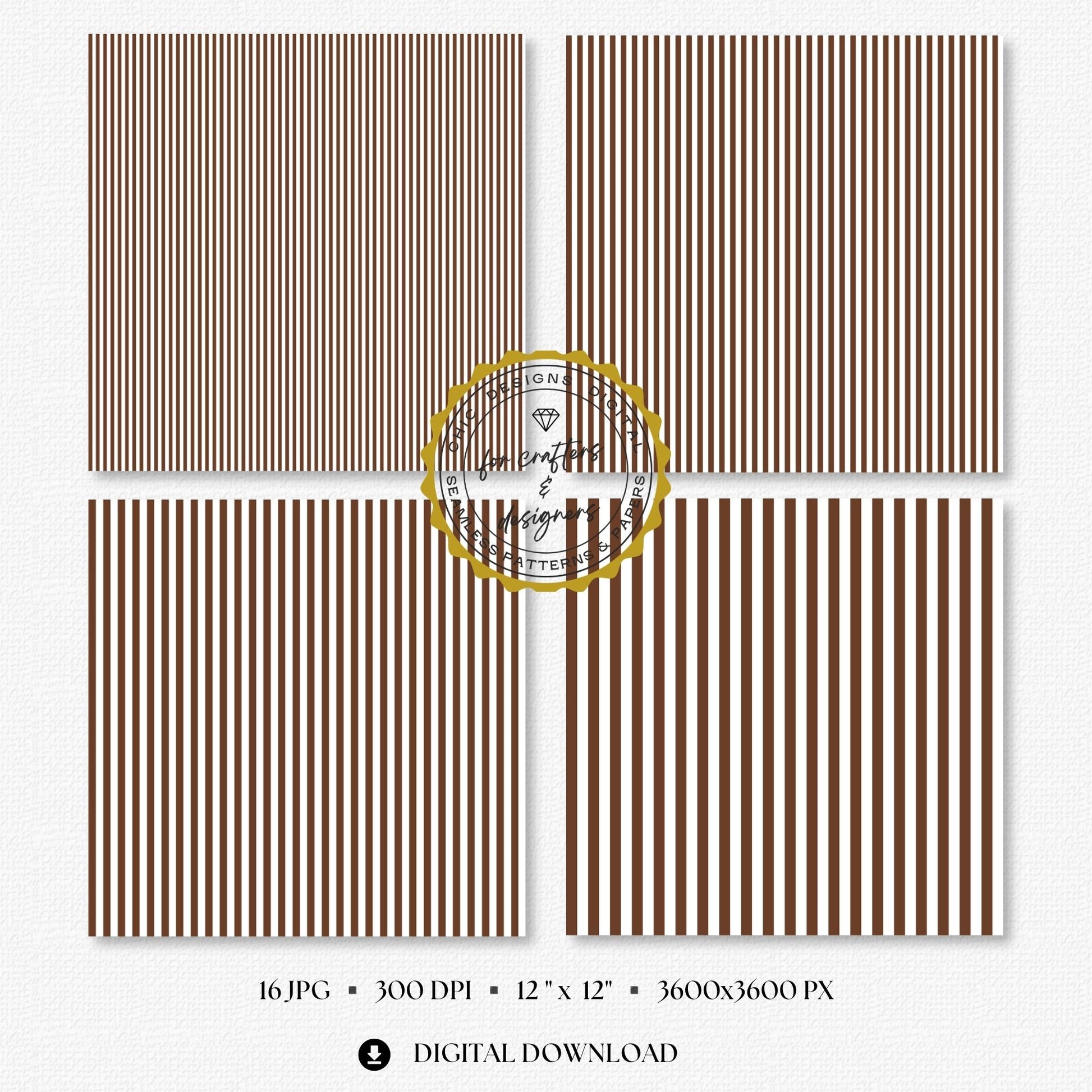 Warm brown and white seamless stripe digital papers showing a coordinated mix of narrow, medium and wide straight stripe patterns for rustic stationery and autumn crafts.