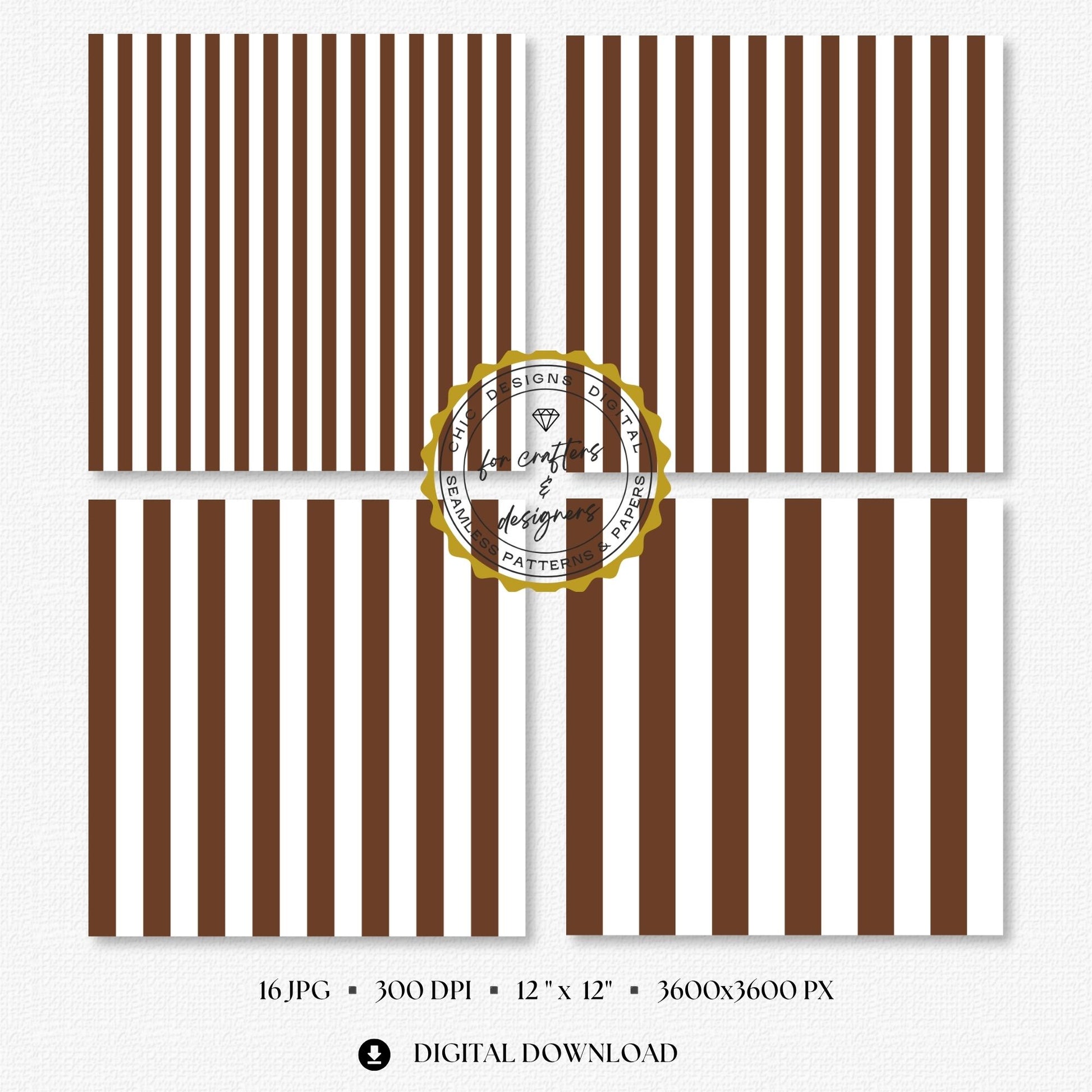 Brown and white diagonal stripe digital papers in varied widths, part of the 16-pattern Essential Stripes seamless paper pack.