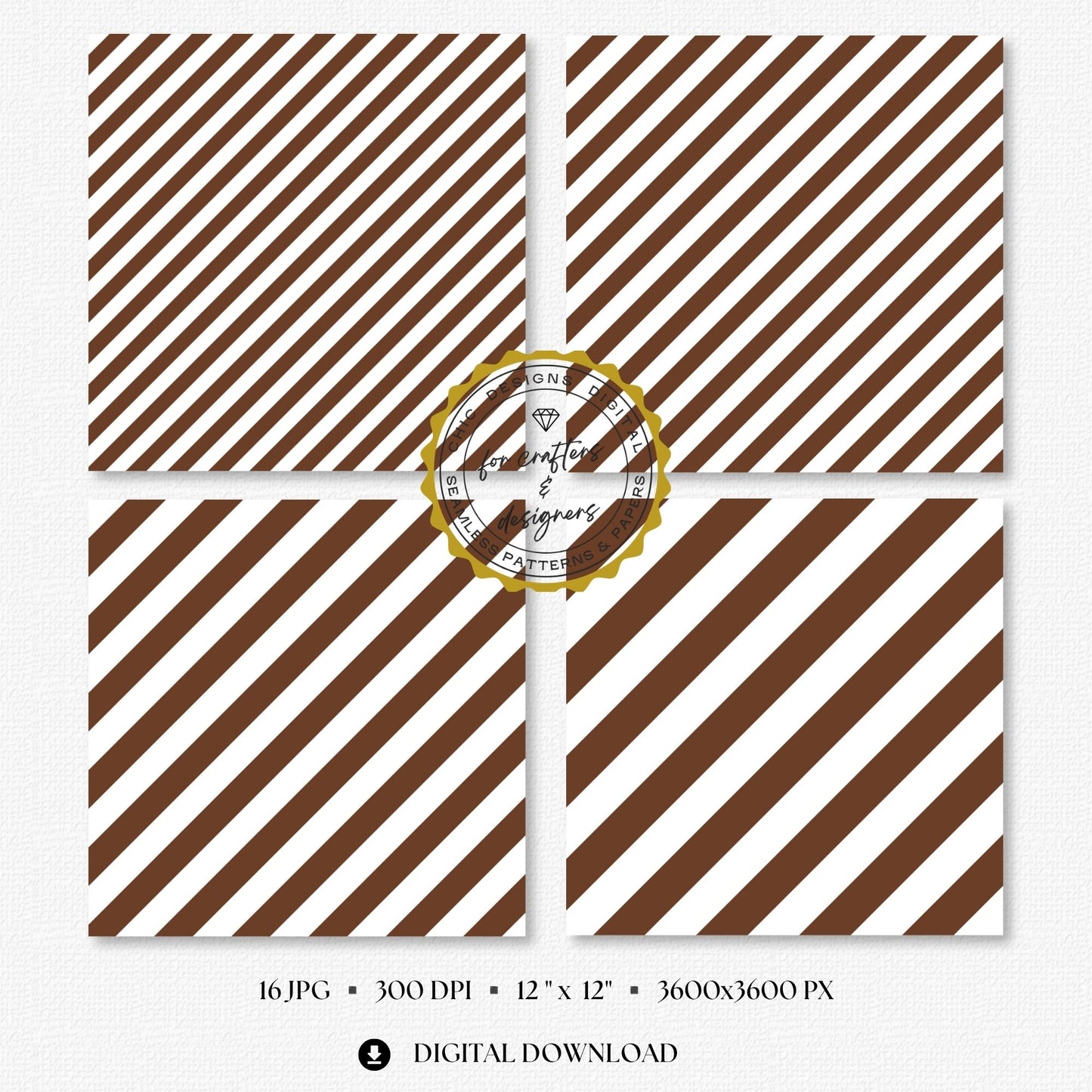 Fine to broad brown stripe patterns with clean white spacing, supplied as seamless 12x12 inch JPG digital papers at 300 DPI.