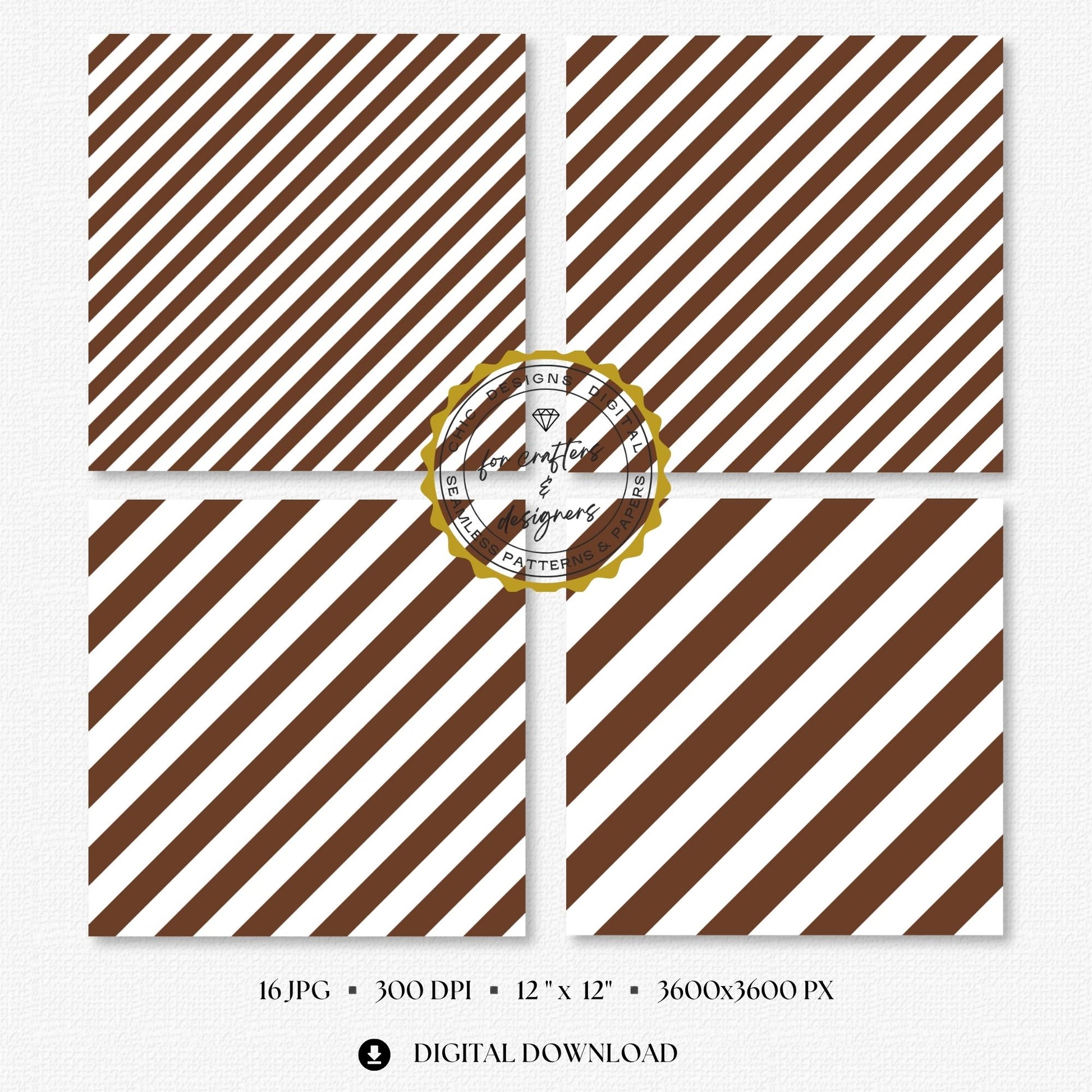 Fine to broad brown stripe patterns with clean white spacing, supplied as seamless 12x12 inch JPG digital papers at 300 DPI.